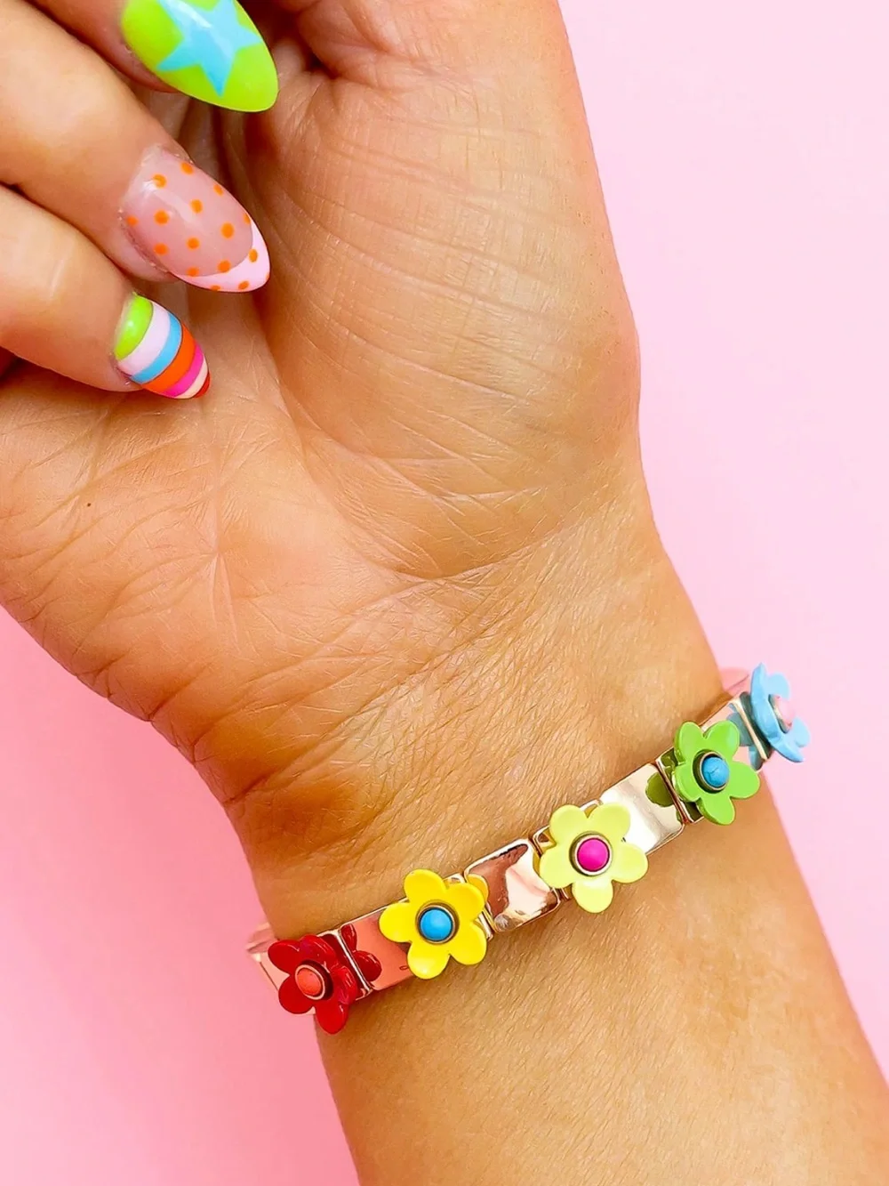 Garden Multi-colored Enamel Rainbow Flower Link Bracelet on Metallic Gold
